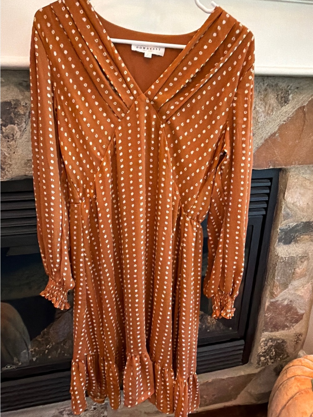 DownEast Rust Polka Dot V-Neck Long-Sleeve Dress